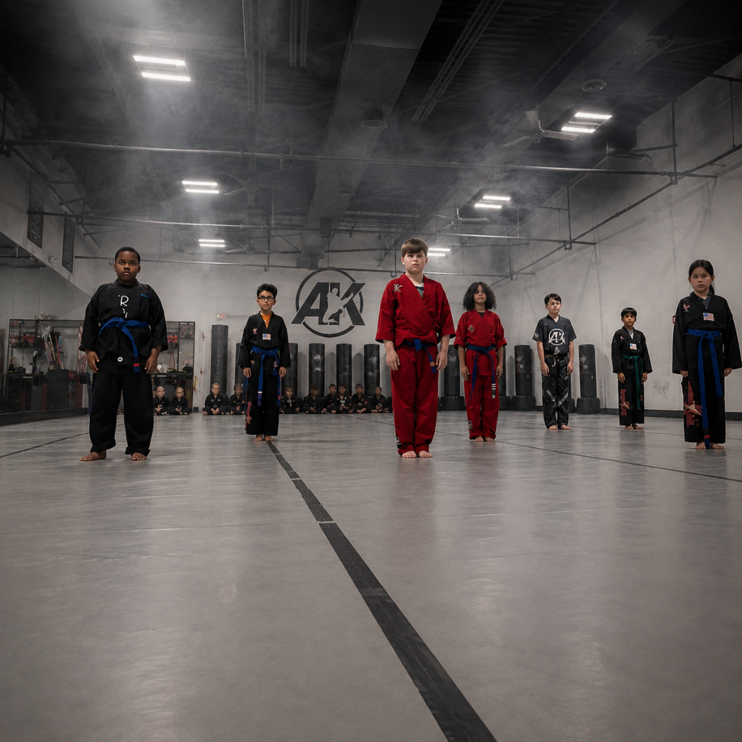 Youth martial arts team standing at attention in class